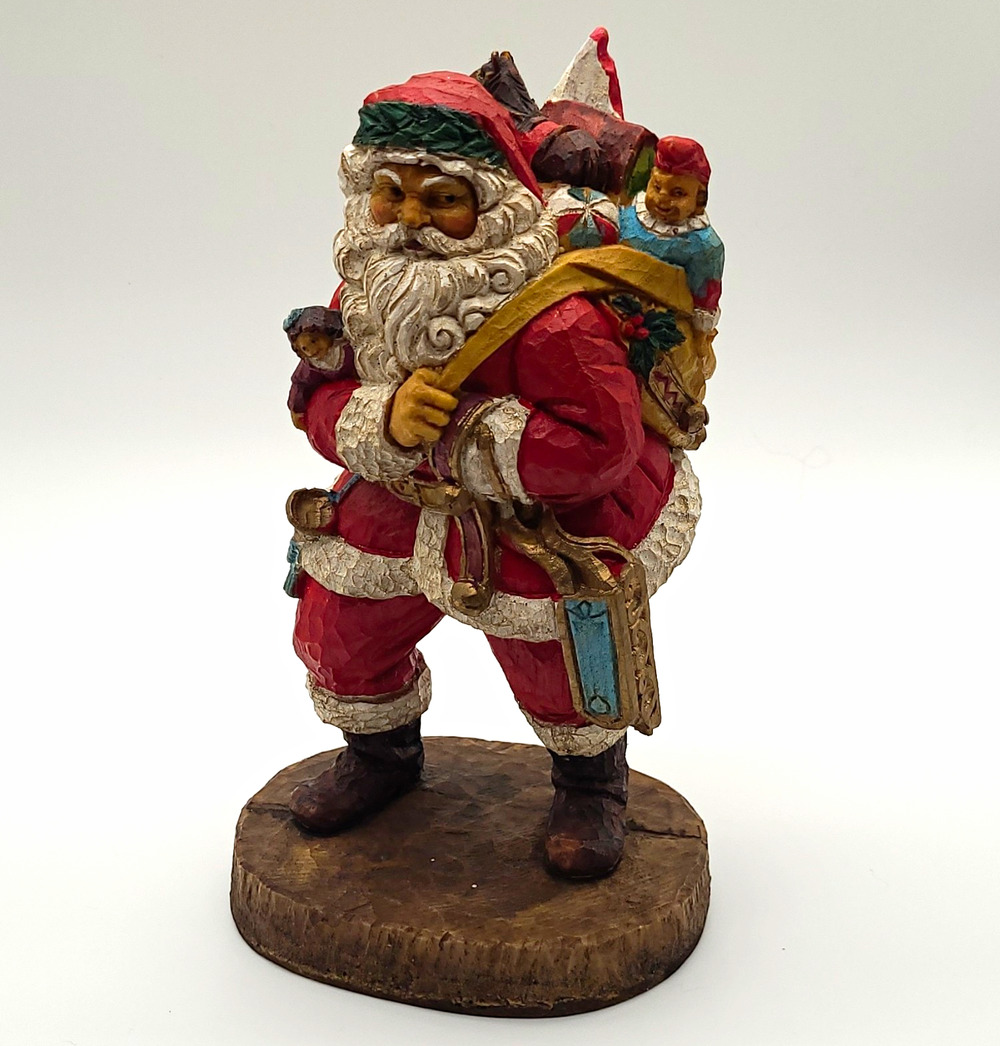 Vintage Old World Belsnickel Santa Claus Figurine 9" Carved Wood Look Toy Bag